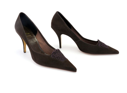 1960s UNWORN Brown Suede Stiletto Heels Shoes UK 6