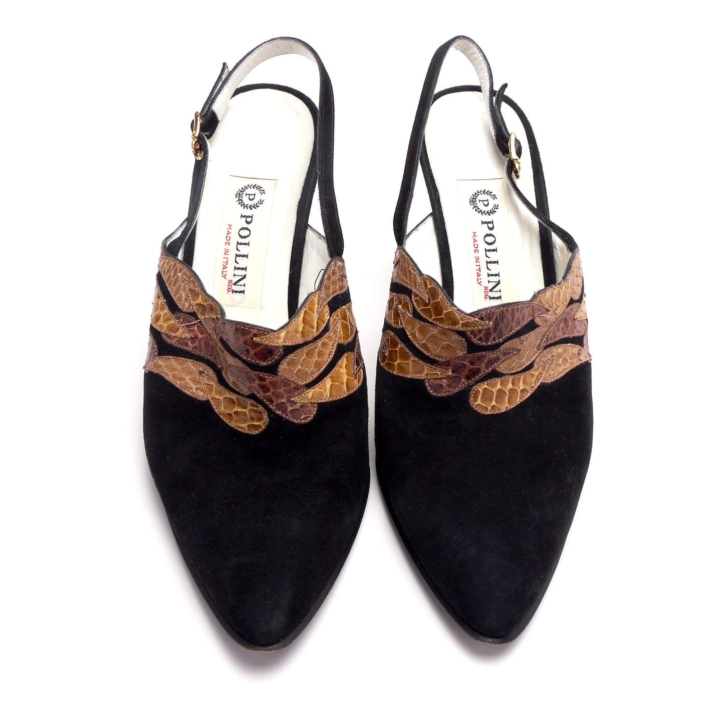 Pollini Black Suede Slingback Shoes w Snakeskin Trim UK 5