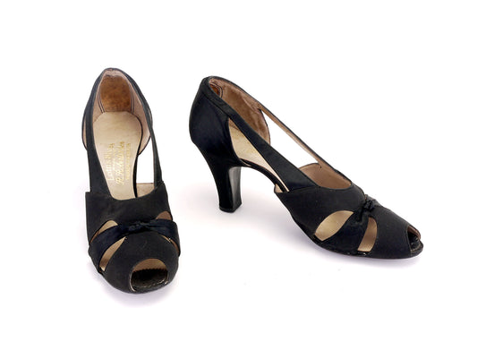 1930s Black Satin & Crepe Evening Sandals by Lotus UK 5