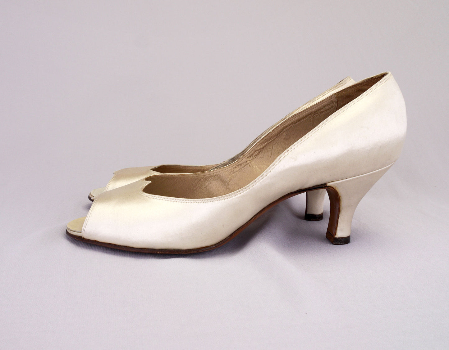 1950s White Satin Peep Toes by Miss Rayne UK 5