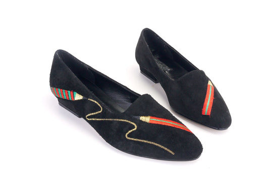 Novelty 1980s Black Suede Pumps with Embroidered Pencils UK 5.5