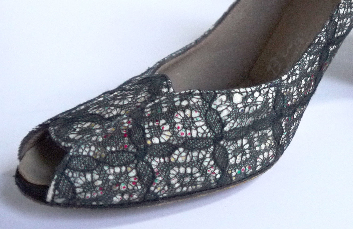 1950s Lace and Glitter Peep Toe Pumps Shoes by Van Dal UK 3.5